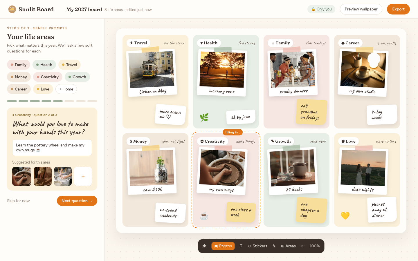 Sunlit Board editor: a 2027 vision board split into eight life areas with a guided prompt panel