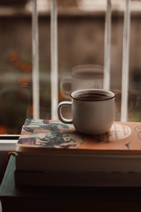 Coffee cup resting on a stack of books by the window