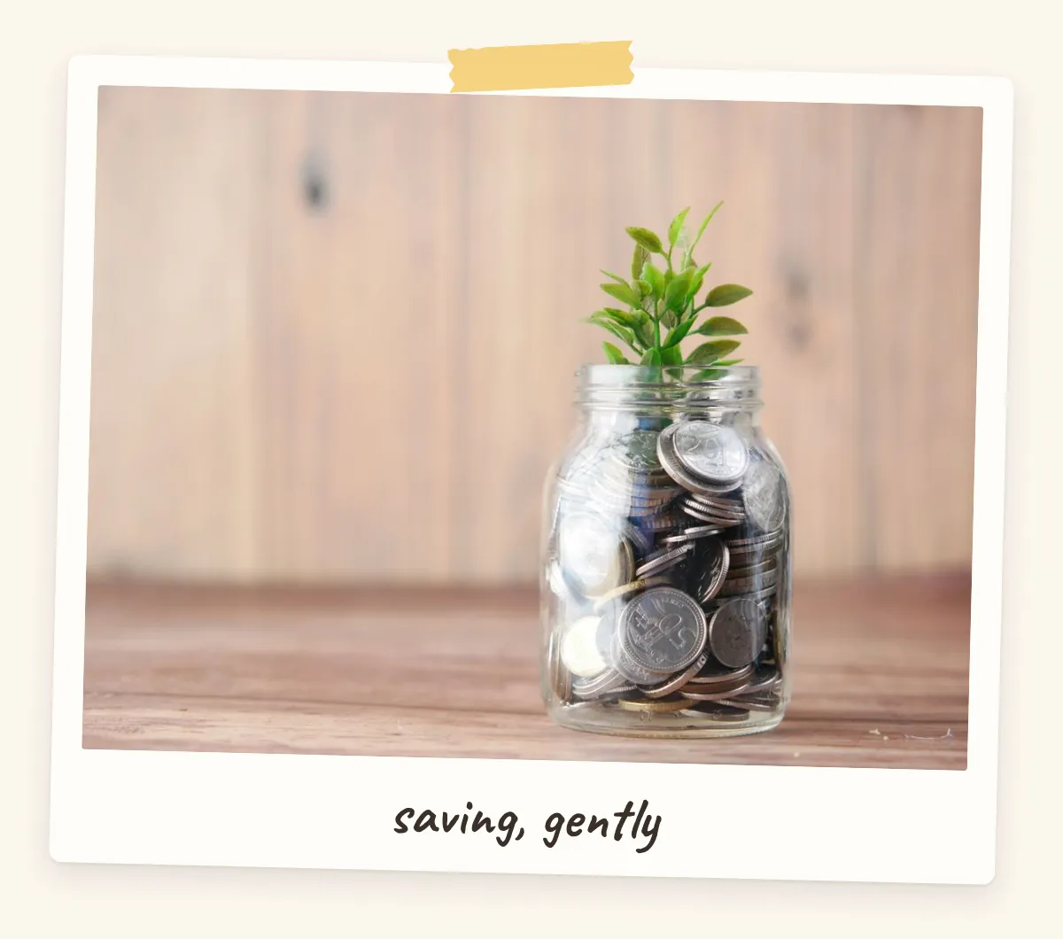Glass savings jar full of coins with a green sprout for a money vision board